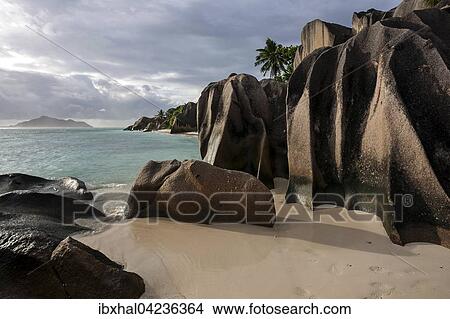 Beach and granite rocks at Anse Source d'Argent, evening light, La Digue Island, Seychelles, Africa View Large Photo Image Picture - Beach and granite rocks at Anse Source d'Argent, evening light, La Digue Island, Seychelles, Africa. Fotosearch