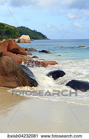 Stock Image - Beach and rocks at Anse Lazio, Praslin Island, Seychelles, Africa. Fotosearch