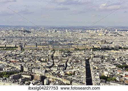 Stock Image - Boulevard Raspail, city center with Louvre and Montmatre, seen from Tour de Montparnasse observation deck, Paris, Ile de France, France, Europe. Fotosearch