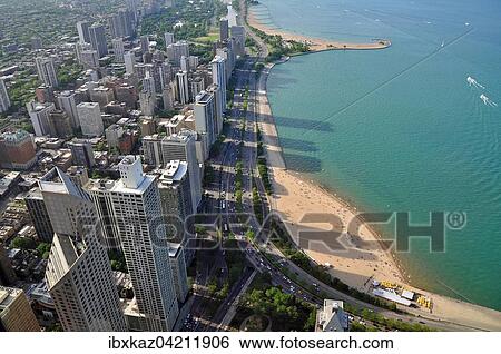 Chicago skyline and turquoise Lake Michigan, view from John Hancock Center, Chicago, Illinois, USA, North America View Large Photo Image Stock Photograph - Chicago skyline and turquoise Lake Michigan, view from John Hancock Center, Chicago, Illinois, USA, North America. Fotosearch