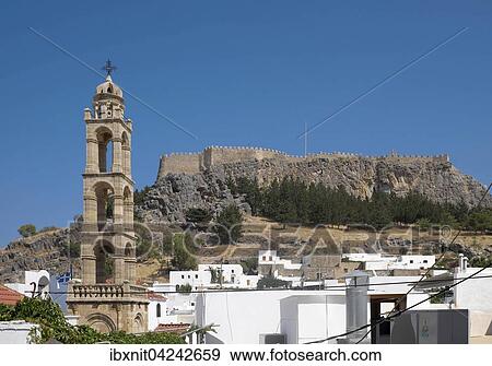 Church of Panagia, Acropolis of Lindos behind, Lindos, Rhodes, Dodecanese, Greece, Europe View Large Photo Image Stock Photo - Church of Panagia, Acropolis of Lindos behind, Lindos, Rhodes, Dodecanese, Greece, Europe. Fotosearch