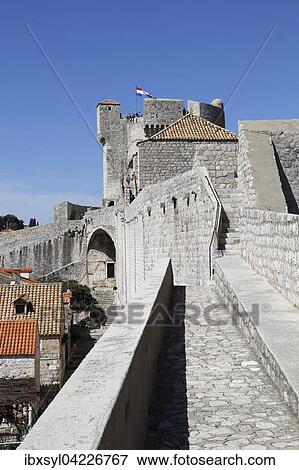 Stock Photo - City wall with Minceta Fortress, historic centre Dubrovnik, Croatia, Europe. Fotosearch