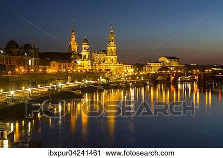 Stock Image - Cityscape with river Elbe and Dresden Cathedral, Dresden, Saxony, Germany, Europe. Fotosearch