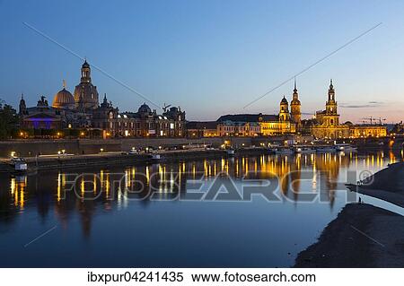 Stock Photography - Cityscape with river Elbe and Dresden Cathedral, Dresden, Saxony, Germany, Europe. Fotosearch