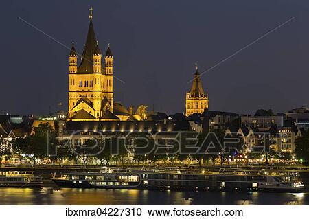 Stock Image - Cologne's historic centre at night, Great St. Martin Church, City Hall, Rhine, Cologne, North Rhine-Westphalia, Germany, Europe. Fotosearch