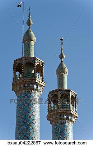 Stock Photo - Decorated minarets, Jame mosque, Yazd, Iran, Asia. Fotosearch
