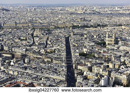 Stock Image - Eglise de Saint Sulpice and city centre, seen from Tour de Montparnasse observation deck, Paris, Ile de France, France, Europe. Fotosearch