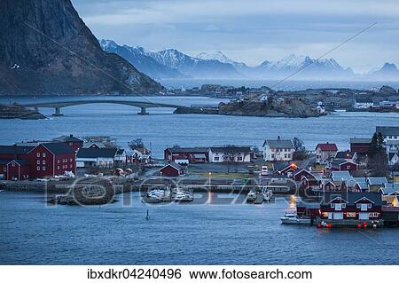 Fishing village Reine in winter, Reinefjord, Moskenesoy, Lofoten, Norway, Europe View Large Photo Image Stock Photograph - Fishing village Reine in winter, Reinefjord, Moskenesoy, Lofoten, Norway, Europe. Fotosearch
