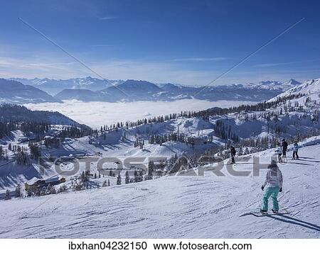 Stock Image - Fog above the valley near Bad Mitterndorf, skiing area Tauplitzalm, Tauplitz, Styria, Austria, Europe. Fotosearch