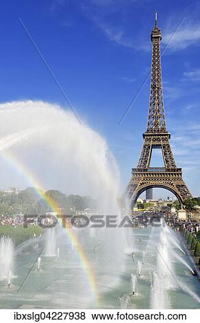 Stock Photo - Fountains with rainbow at the Eiffel Tower, Jardin de Trocadero, Paris, Ile de France, France, Europe. Fotosearch