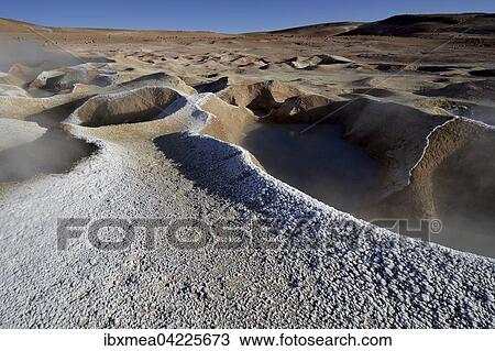 Geysers with water vapor frozen into ice flowers at edge, Sol de Manana geothermal field, Altiplano, Bolivia, South America View Large Photo Image Stock Image - Geysers with water vapor frozen into ice flowers at edge, Sol de Manana geothermal field, Altiplano, Bolivia, South America. Fotosearch