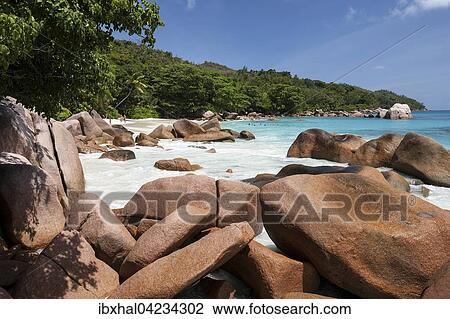 Granite cliffs and beach at Anse Lazio, turquoise sea, Praslin Island, Seychelles, Africa View Large Photo Image Stock Image - Granite cliffs and beach at Anse Lazio, turquoise sea, Praslin Island, Seychelles, Africa. Fotosearch