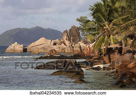 Granite rocks in the evening light, Anse La Blague, Praslin Island, Seychelles, Africa View Large Photo Image Stock Photography - Granite rocks in the evening light, Anse La Blague, Praslin Island, Seychelles, Africa. Fotosearch