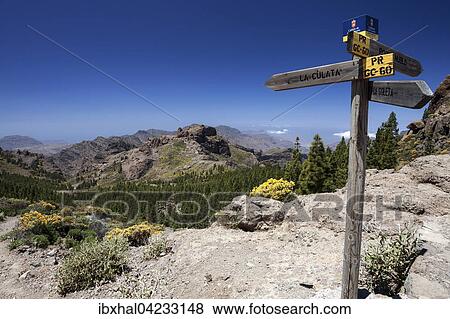 Hiking signpost on a hiking path to Roque Nublo, view of the mountains to the west of Gran Canaria, Canary Islands, Spain, Europe View Large Photo Image Stock Photo - Hiking signpost on a hiking path to Roque Nublo, view of the mountains to the west of Gran Canaria, Canary Islands, Spain, Europe. Fotosearch