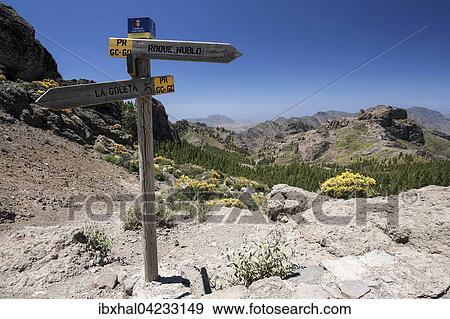 Hiking signpost on a hiking path to Roque Nublo, view of the mountains to the west of Gran Canaria, Canary Islands, Spain, Europe View Large Photo Image Stock Photo - Hiking signpost on a hiking path to Roque Nublo, view of the mountains to the west of Gran Canaria, Canary Islands, Spain, Europe. Fotosearch