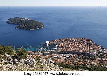 Historic centre of Dubrovnik and Lokrum island, view from Mount Srd, Croatia, Europe View Large Photo Image Stock Photo - Historic centre of Dubrovnik and Lokrum island, view from Mount Srd, Croatia, Europe. Fotosearch