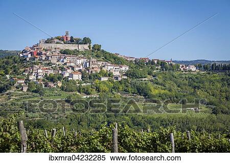 Stock Photography - Idyllic village on hilltop with Venetian fortress, grapevines in front, Motovun, Istria, Croatia, Europe. Fotosearch