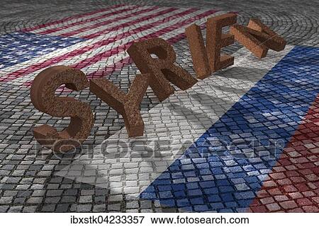 Stock Photo - Letters spelling Syrien next to US and Russian flag, Syria, symbolical asylum, Asia. Fotosearch