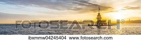 Picture - Lighthouse, Maiden's Tower, Kiz Kulesi, at sunset, island in the Bosporus, Uskudar, Istanbul Turkey. Fotosearch