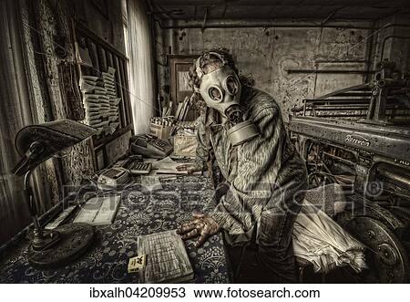 Man with a gas mask at his desk, creative image View Large Photo Image Stock Image - Man with a gas mask at his desk, creative image. Fotosearch