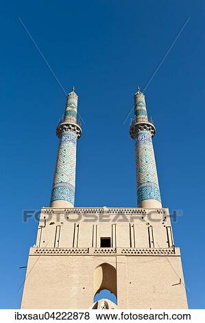 Masjid-i Jami mosque twin minarets, Yazd, Iran, Asia View Large Photo Image Stock Photo - Masjid-i Jami mosque twin minarets, Yazd, Iran, Asia. Fotosearch