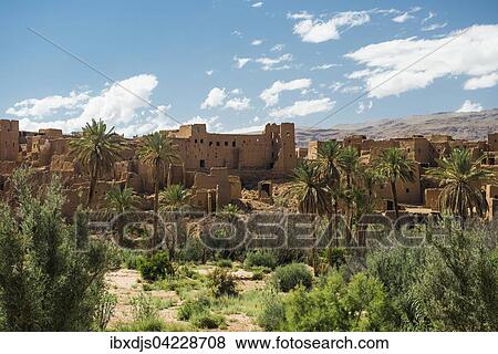 Stock Photo - Oasis with traditional adobe houses and date palms, Tinghir, Morocco, Africa. Fotosearch