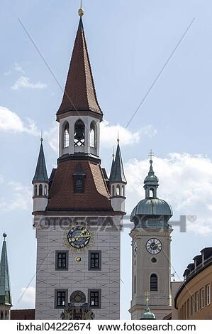 Old town hall, tower, tower of the Holy Spirit Church behind, Munich, Bavaria, Germany, Europe View Large Photo Image Picture - Old town hall, tower, tower of the Holy Spirit Church behind, Munich, Bavaria, Germany, Europe. Fotosearch