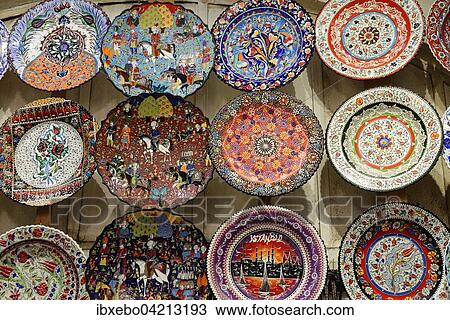 Stock Image - Painted ceramic, plates, souvenirs, Grand Bazaar or Kapali Carsi, Beyazit, European side, Istanbul, Turkey, Asia. Fotosearch