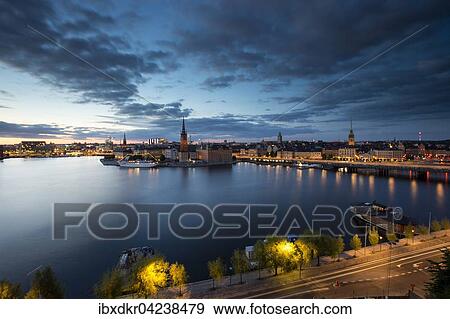 Riddarholmen island at dusk, view from Monteliusvagen, Stockholm, Stockholm County, Sweden, Europe View Large Photo Image Stock Photo - Riddarholmen island at dusk, view from Monteliusvagen, Stockholm, Stockholm County, Sweden, Europe. Fotosearch