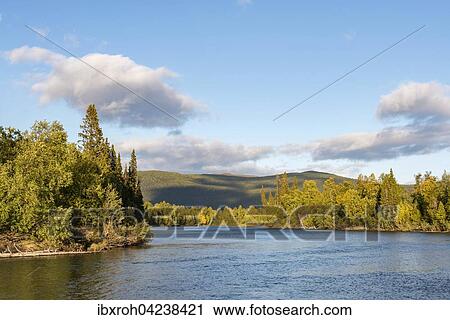 Stock Image - River landscape, Tarraatno river, Kvikkjokk, Laponia, Norrbotten, Lapland, Sweden, Europe. Fotosearch