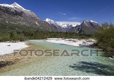 Stock Photo - Soca or Isonzo, mountain river with crystal clear, turquoise waters, Bovec, Kanin massif, Julian Alps, Slovenia, Europe. Fotosearch