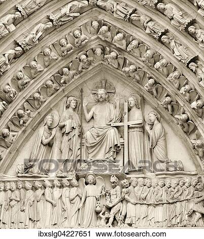 Stock Image - Stone sculptures on main entrance, depicting the Last Judgement, Notre Dame Paris, Ile de France, France, Europe. Fotosearch
