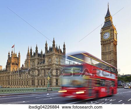 Picture - The Houses of Parliament and Big Ben from Westminster Bridge, red bus with motion blur, London, England, United Kingdom, Europe. Fotosearch