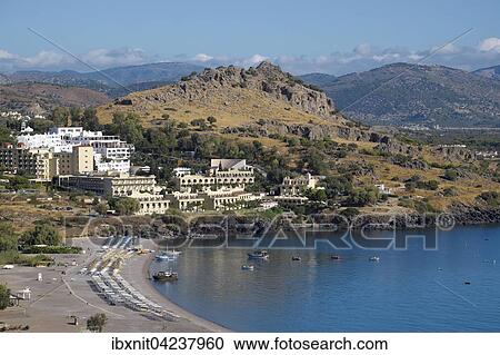 Stock Image - Tourist resorts in Vlicha Bay, Rhodes, Dodecanese, Greece, Europe. Fotosearch