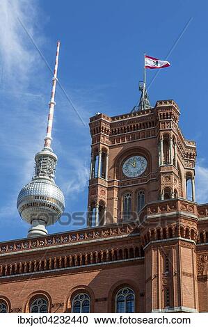 Town Hall with the Berlin flag and TV Tower, Berlin-Mitte, Berlin, Germany, Europe View Large Photo Image Stock Image - Town Hall with the Berlin flag and TV Tower, Berlin-Mitte, Berlin, Germany, Europe. Fotosearch