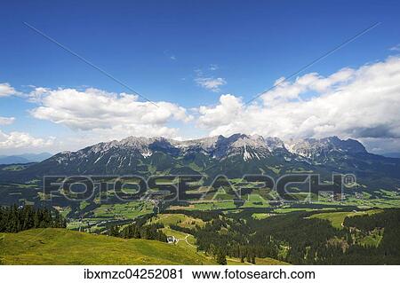 Stock Image - View from Brandstadl cable car towards town and Wilder Kaiser, Scheffau am Wilden Kaiser, Tyrol, Austria, Europe. Fotosearch