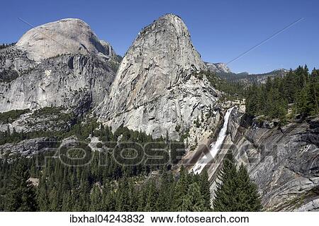 View from John Muir Trail to Nevada Fall, Liberty Cap in the center, Half Dome at the rear left, Yosemite National Park, USA, North America View Large Photo Image Stock Image - View from John Muir Trail to Nevada Fall, Liberty Cap in the center, Half Dome at the rear left, Yosemite National Park, USA, North America. Fotosearch