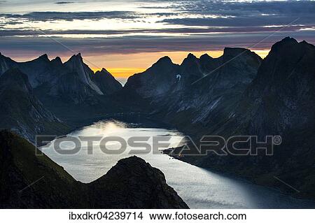 View from Reinebringen, Reinebriggen, 442m, midnight sun, Hamnoy, Reine and Reinefjord with mountains, Moskenes, Moskenesoy, Lofoten, Norway, Europe View Large Photo Image Picture - View from Reinebringen, Reinebriggen, 442m, midnight sun, Hamnoy, Reine and Reinefjord with mountains, Moskenes, Moskenesoy, Lofoten, Norway, Europe. Fotosearch