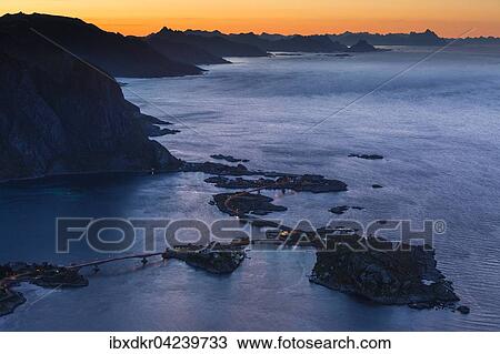 View from Reinebringen, Reinebriggen, 442m during midnight sun, view towards Hamnoy and Reinefjord with mountains, Moskenes, Moskenesoy, Lofoten, Norway, Europe View Large Photo Image Stock Image - View from Reinebringen, Reinebriggen, 442m during midnight sun, view towards Hamnoy and Reinefjord with mountains, Moskenes, Moskenesoy, Lofoten, Norway, Europe. Fotosearch