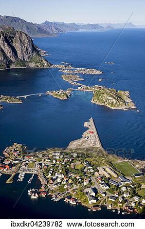 Stock Image - View from Reinebringen, Reinebriggen, 442m, view towards Hamnoy and Reinefjord with mountains, Moskenes, Moskenesoy, Lofoten, Norway, Europe. Fotosearch