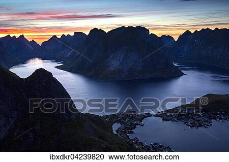 View from Reinebringen, Reinebriggen, 442m, midnight sun, Hamnoy, Reine and Reinefjord with mountains, Moskenes, Moskenesoy, Lofoten, Norway, Europe View Large Photo Image Stock Image - View from Reinebringen, Reinebriggen, 442m, midnight sun, Hamnoy, Reine and Reinefjord with mountains, Moskenes, Moskenesoy, Lofoten, Norway, Europe. Fotosearch
