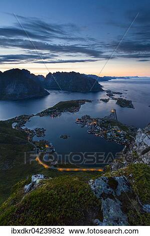 View from Reinebringen, Reinebriggen, 442m, midnight sun, towards Hamnoy, Reine and Reinefjord with mountains, Moskenes, Moskenesoy, Lofoten, Norway, Europe View Large Photo Image Stock Image - View from Reinebringen, Reinebriggen, 442m, midnight sun, towards Hamnoy, Reine and Reinefjord with mountains, Moskenes, Moskenesoy, Lofoten, Norway, Europe. Fotosearch