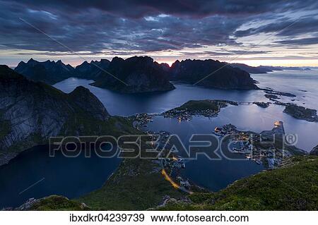 View from Reinebringen, Reinebriggen, 442m, towards Hamnoy, Reine and Reinefjord with mountains, Moskenes, Moskenesoy, Lofoten, Norway, Europe View Large Photo Image Stock Photo - View from Reinebringen, Reinebriggen, 442m, towards Hamnoy, Reine and Reinefjord with mountains, Moskenes, Moskenesoy, Lofoten, Norway, Europe. Fotosearch