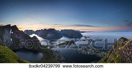 View from Reinebringen, Reinebriggen, 442m, midnight sun, towards Hamnoy, Reine and Reinefjord with mountains, Moskenes, Moskenesoy, Lofoten, Norway, Europe View Large Photo Image Stock Photo - View from Reinebringen, Reinebriggen, 442m, midnight sun, towards Hamnoy, Reine and Reinefjord with mountains, Moskenes, Moskenesoy, Lofoten, Norway, Europe. Fotosearch