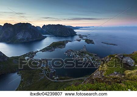 View from Reinebringen, Reinebriggen, 442m, midnight sun, towards Hamnoy, Reine and Reinefjord with mountains, Moskenes, Moskenesoy, Lofoten, Norway, Europe View Large Photo Image Stock Photo - View from Reinebringen, Reinebriggen, 442m, midnight sun, towards Hamnoy, Reine and Reinefjord with mountains, Moskenes, Moskenesoy, Lofoten, Norway, Europe. Fotosearch