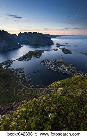 View from Reinebringen, Reinebriggen, 442m, midnight sun, towards Hamnoy, Reine and Reinefjord with mountains, Moskenes, Moskenesoy, Lofoten, Norway, Europe View Large Photo Image Stock Photography - View from Reinebringen, Reinebriggen, 442m, midnight sun, towards Hamnoy, Reine and Reinefjord with mountains, Moskenes, Moskenesoy, Lofoten, Norway, Europe. Fotosearch