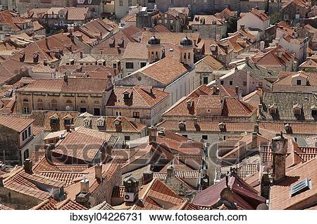 Stock Image - View from the city wall over the rooftops of the historic centre, Dubrovnik, Croatia, Europe. Fotosearch