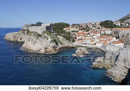 View from the city wall to Fort Lovrijenac and historic centre, Dubrovnik, Croatia, Europe View Large Photo Image Stock Photo - View from the city wall to Fort Lovrijenac and historic centre, Dubrovnik, Croatia, Europe. Fotosearch