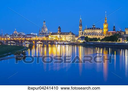 Stock Image - View of city across river Elbe from Marienbrucke, Dresden, Saxony, Germany, Europe. Fotosearch