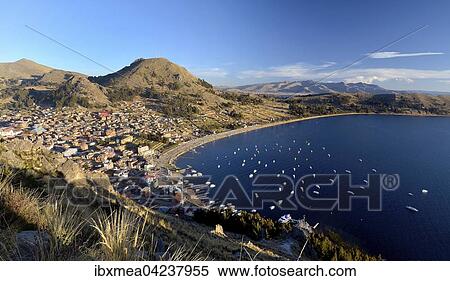 View of Copacabana and bay from Cerro Calvario, calvary, Lake Titicaca, La Paz, Bolivia, South America View Large Photo Image Stock Photography - View of Copacabana and bay from Cerro Calvario, calvary, Lake Titicaca, La Paz, Bolivia, South America. Fotosearch
